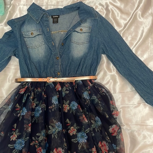 zunie denim and tulle dress Zunie | Dresses | Denim And Floral Dress With Rose Gold Belt
